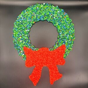 Vintage Melted Plastic Popcorn Wreath Bow Holiday Window Green Multi Color 19"